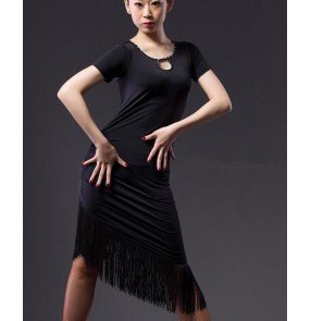 Black short sleeves fringes irregular hem hollow front performance competition practice women's ladies female latin dance dresses